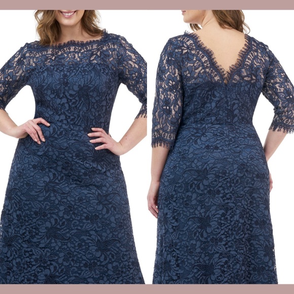 NWT JS Collections [ PLUS 22W ]‎ Bateau Neck Lace Gown In Mineral Blue - Picture 2 of 12